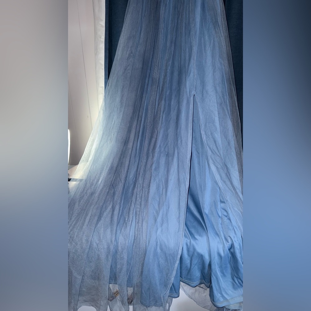 Faeriesty Fairy Dress – Elegant Blue Maternity V-Neck Midi Ruffle Sleeves & Slit - Picture 11 of 16